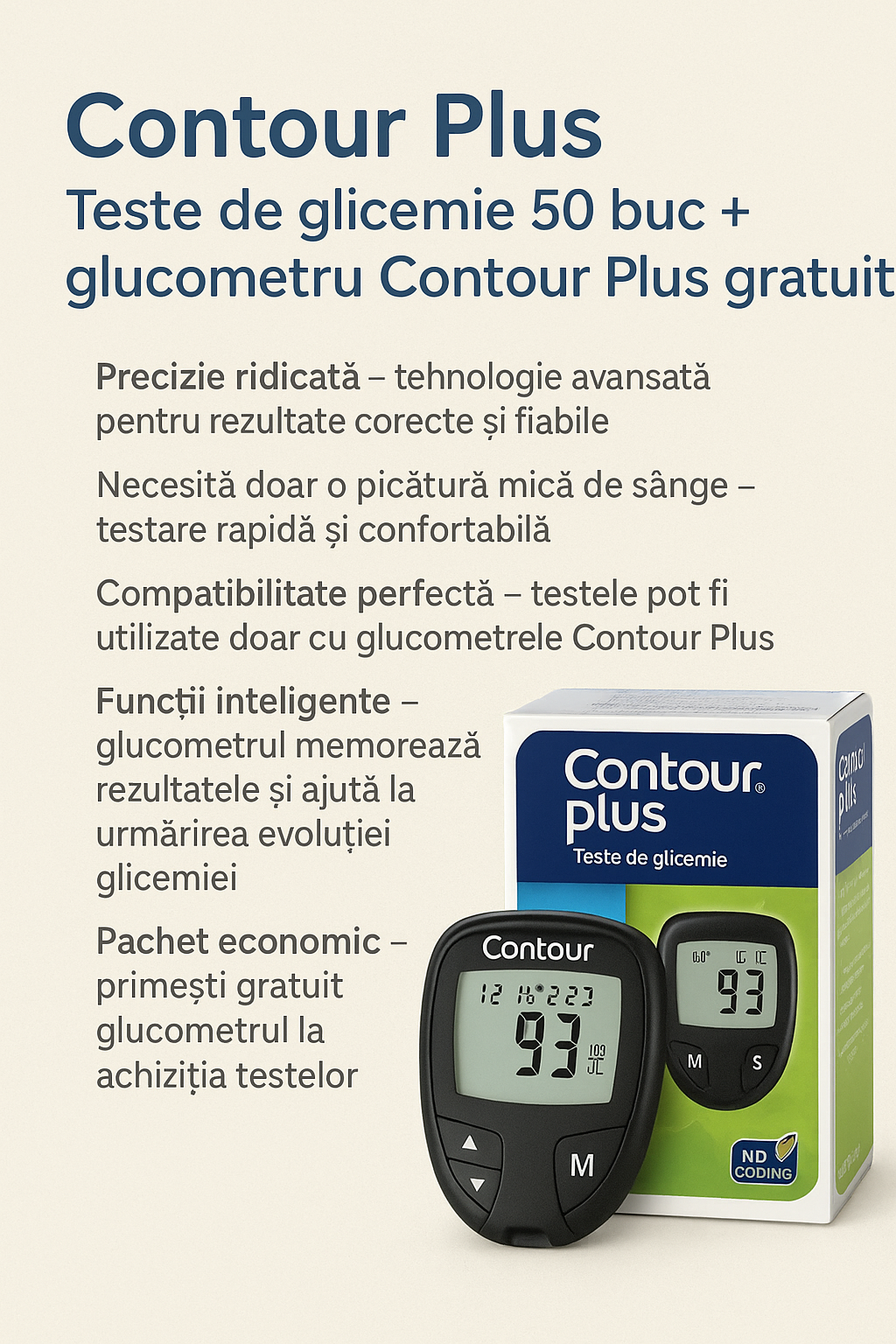 Contour Plus Teste de Glicemie 50 buc + Glucometru Contour Plus Gratuit