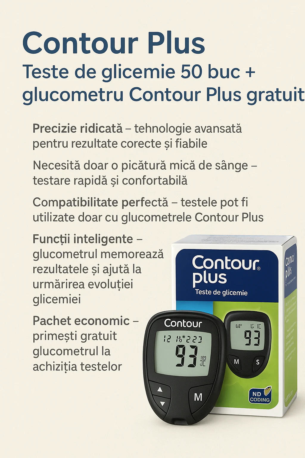 Contour Plus Teste de Glicemie 50 buc + Glucometru Contour Plus Gratuit